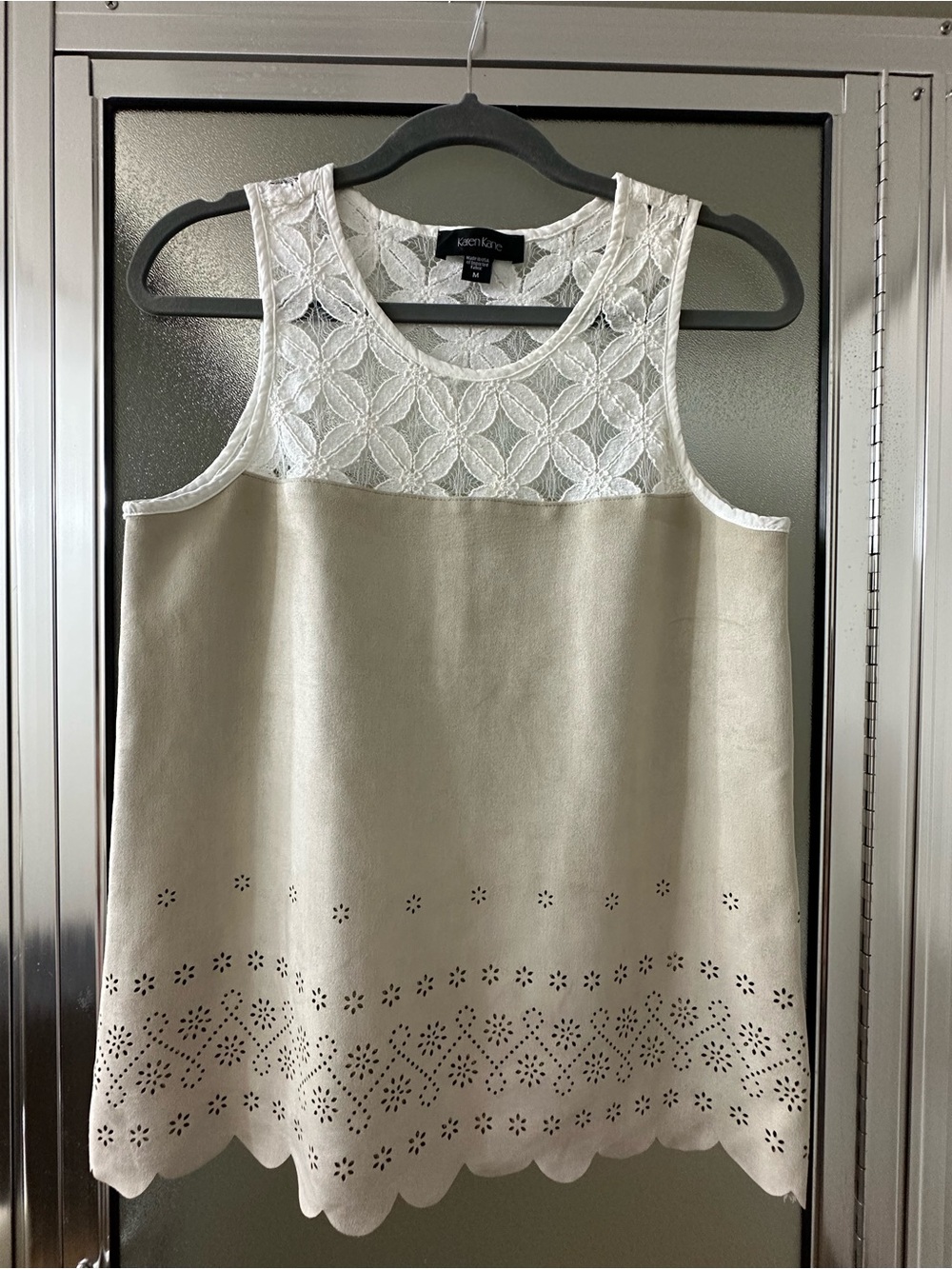 Karen Kane White Lace Yoke Beige Eyelet Tank